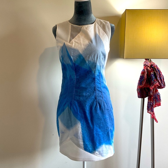 Elie Tahari Dresses & Skirts - Elie Tahari Blue White Mini Dress Size 2. Beautiful Mesh and Fabric.Snatch waist